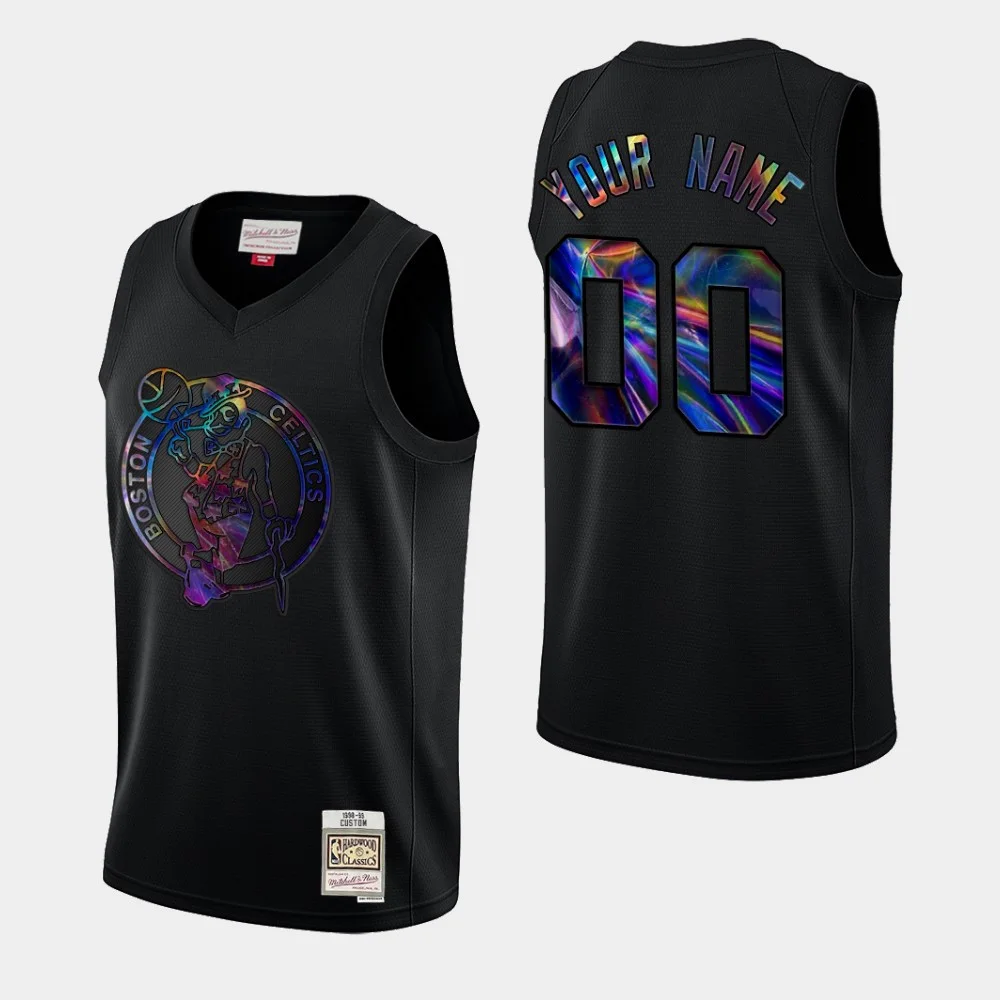 Men's Boston Celtics Custom #00 Hardwood Classics Iridescent Logo Holographic Black Jersey -