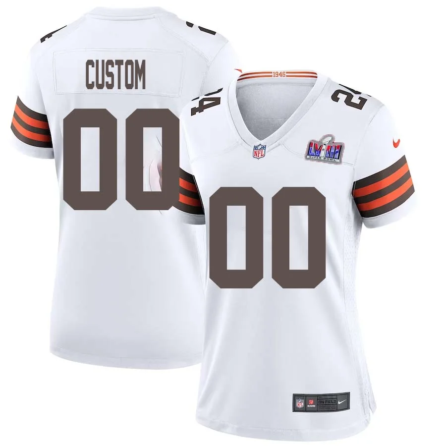 Woman Custom White Cleveland Browns Super Bowl LVIII Away Game Jersey -