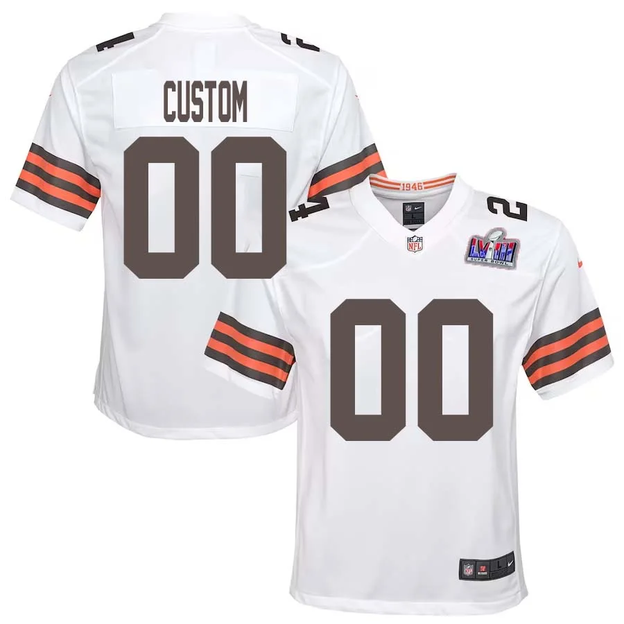 Youth Custom White Cleveland Browns Super Bowl LVIII Away Game Jersey -