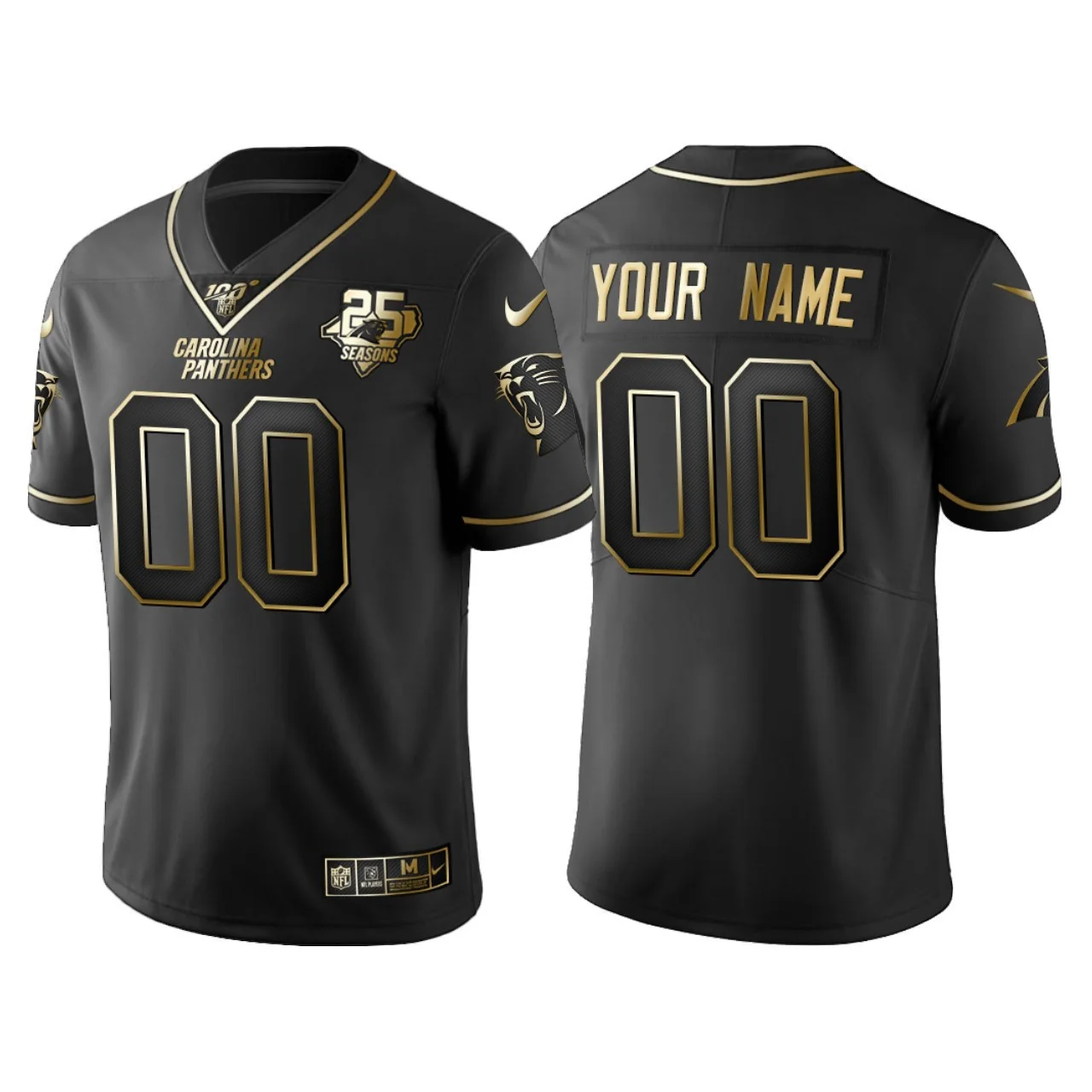 Men's Carolina Panthers #00 Custom 100th Season Black Gold Logo Jersey -