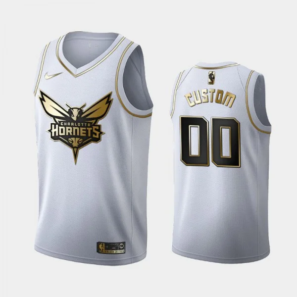 Men's Charlotte Hornets #00 Golden Edition Custom Jersey - White -