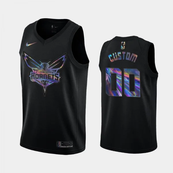 Men's Charlotte Hornets #00 Iridescent Logo Custom Iridescent Holographic Limited Edition Jersey - Black -