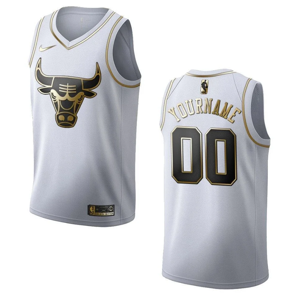 Men's Chicago Bulls #00 Custom Golden Edition Jersey - White , Basketball Jersey -