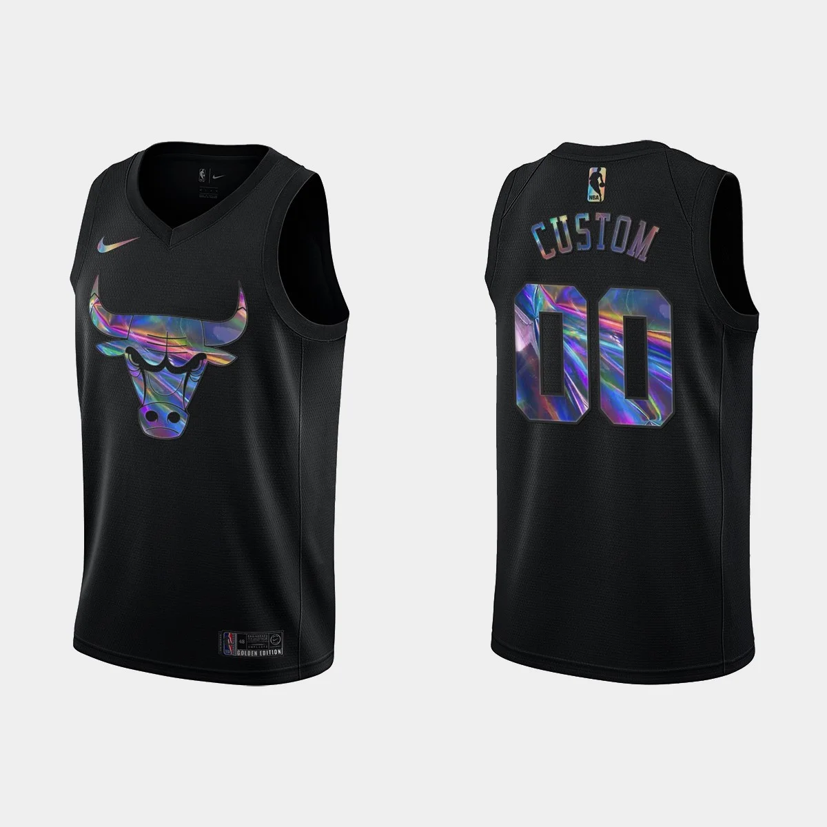 Men's Custom Chicago Bulls No.00 Jersey Iridescent Holographic Black -
