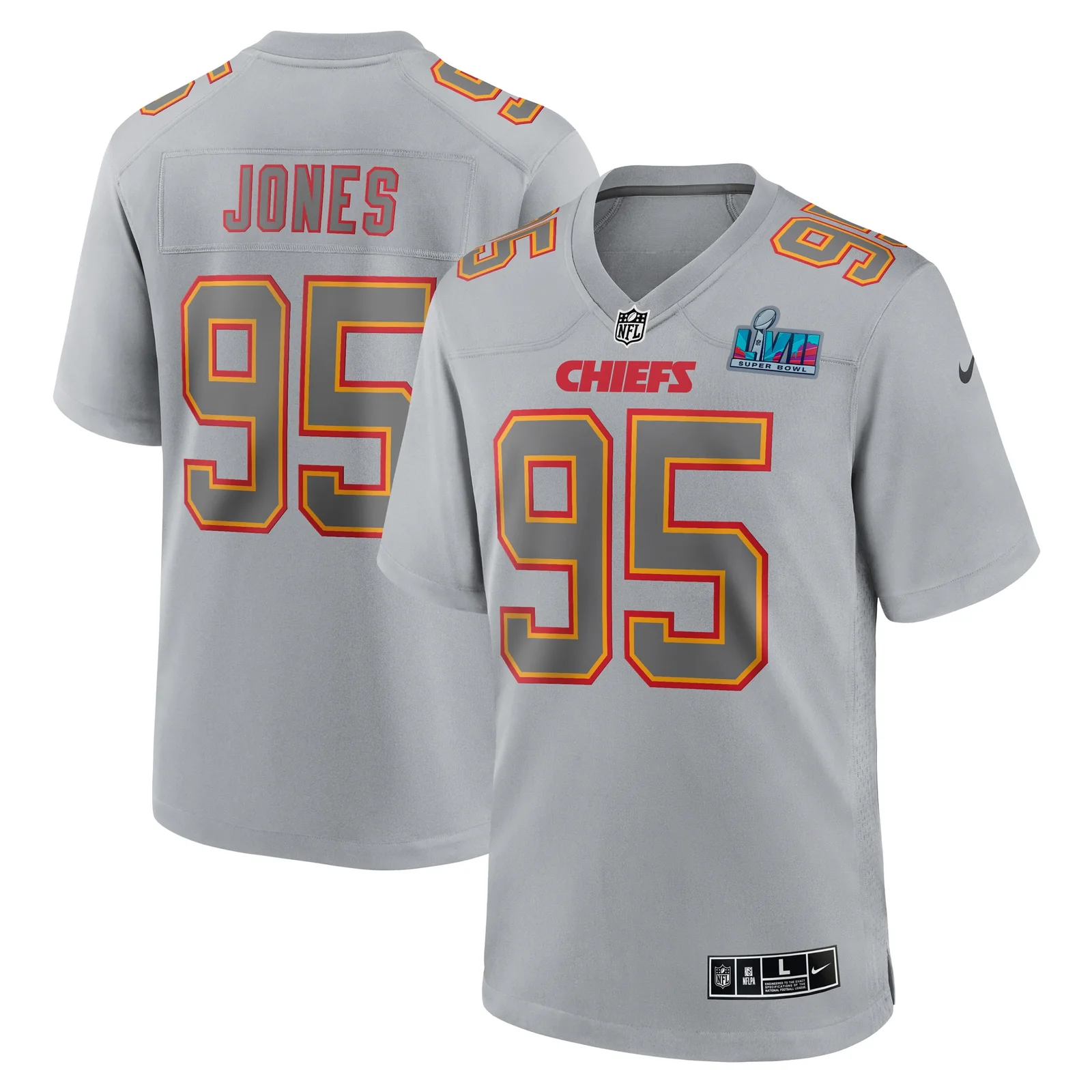 Men's Chris Jones Kansas City Chiefs Super Bowl LVII Patch Atmosphere Fashion Game Jersey - Gray -