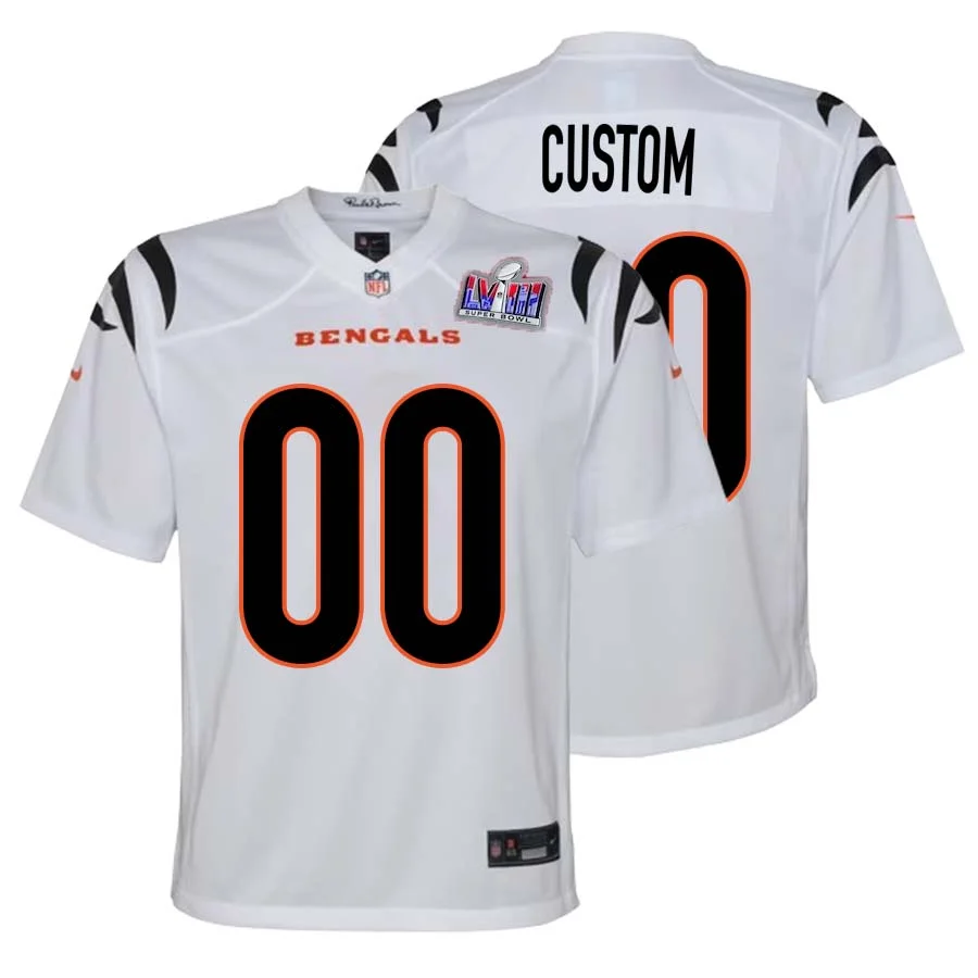Custom Away White Bengals Super Bowl LVIII Limited Jersey for Youth -