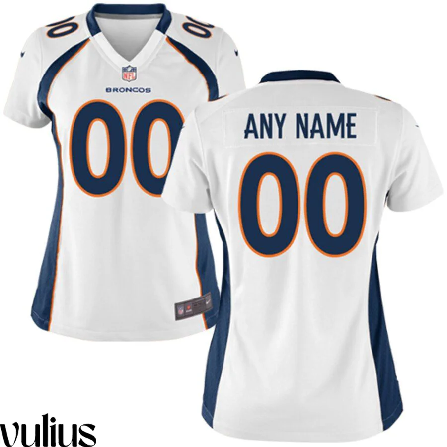 Custom Broncos Jersey, White Woman's, Road Game Jersey -