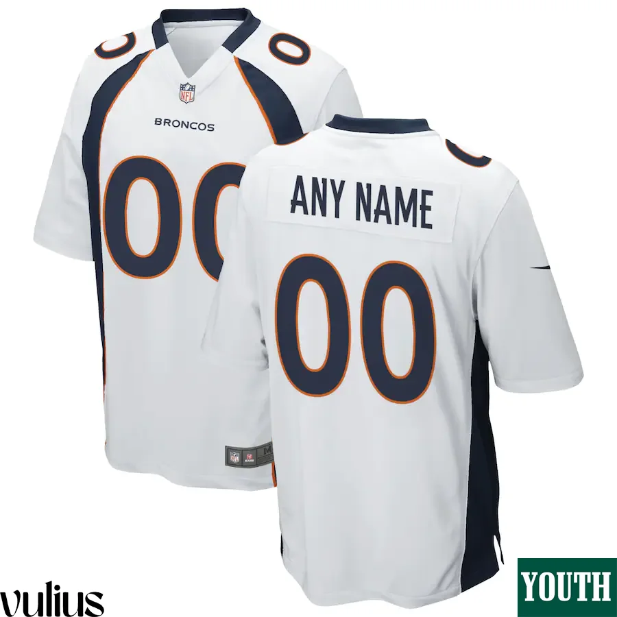 Custom Broncos Jersey, White Youth's, Road Game Jersey -