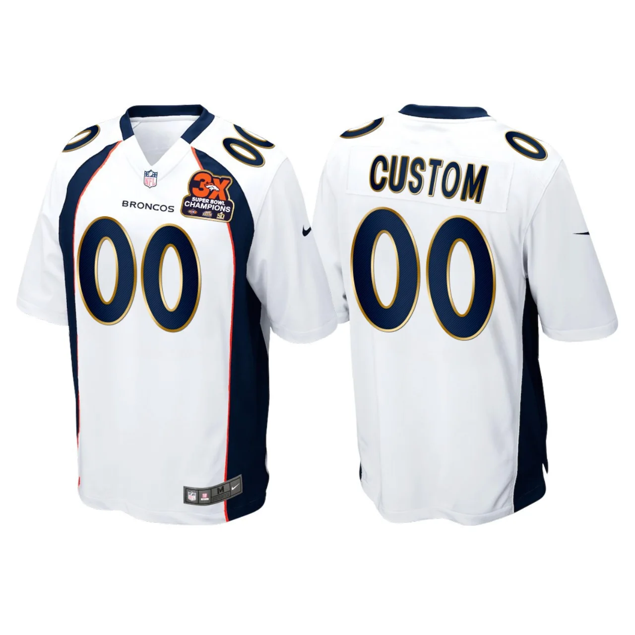 Men's Denver Broncos #00 Custom White 3X Super Bowl Champions Patch Game Jersey -