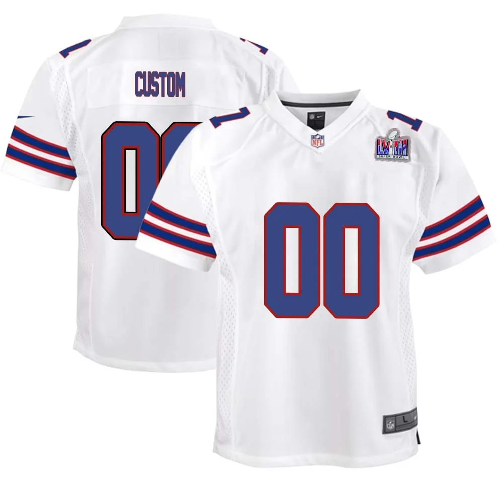 Youth Custom Super Bowl LVIII Buffalo Bills Men Away Game Jersey White -