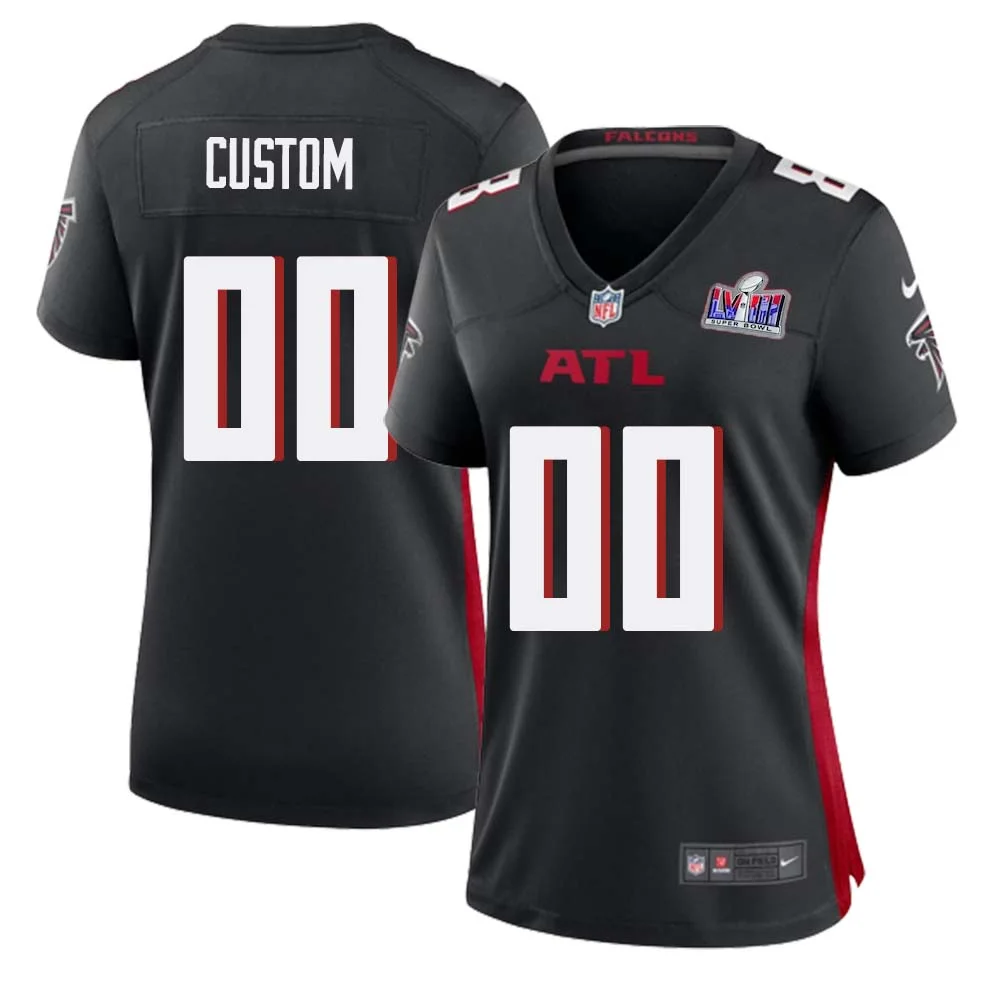 Custom Atlanta Falcons Super Bowl LVIII Home Game Jersey Black Womans -