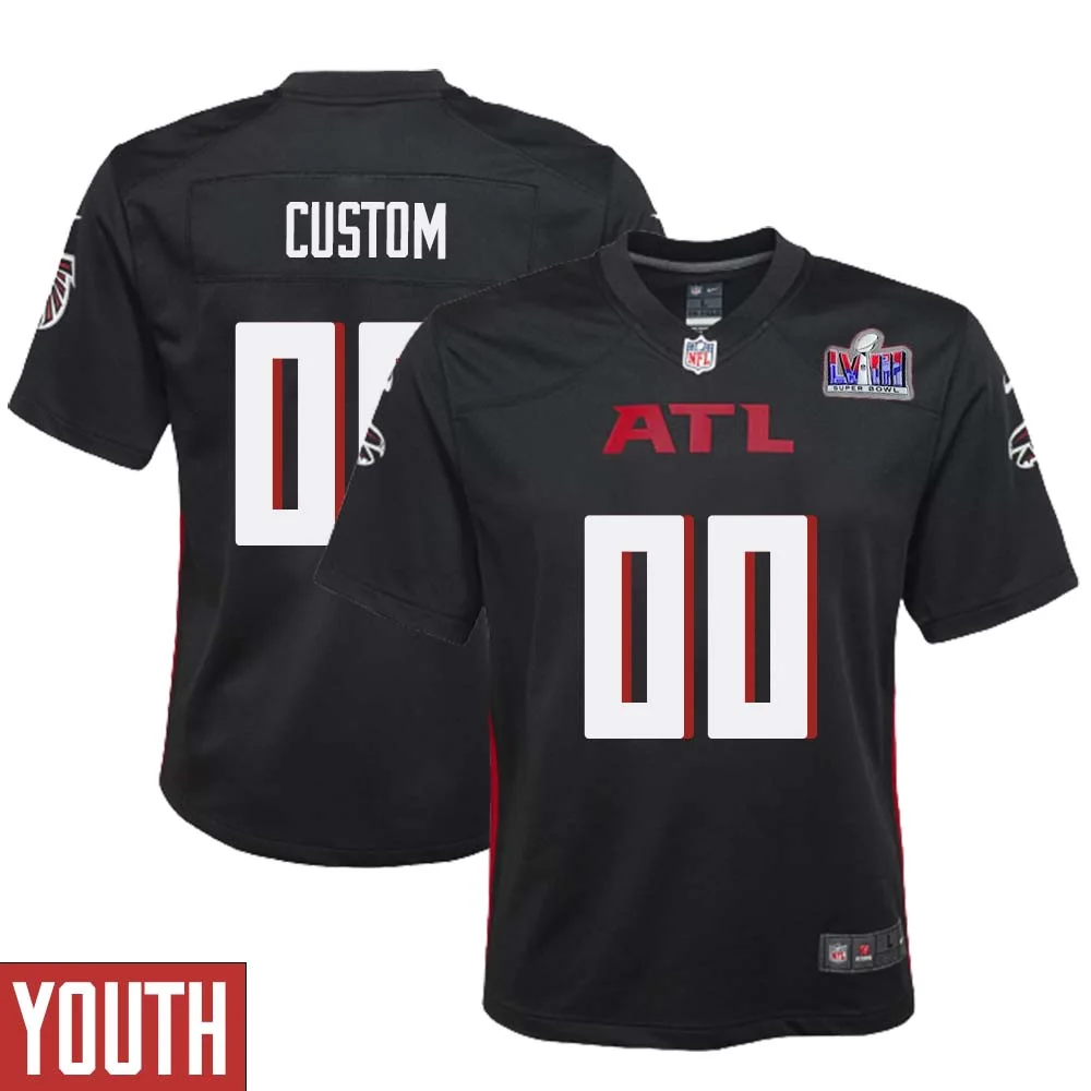 Custom Atlanta Falcons Super Bowl LVIII Home Game Jersey Black Youth -