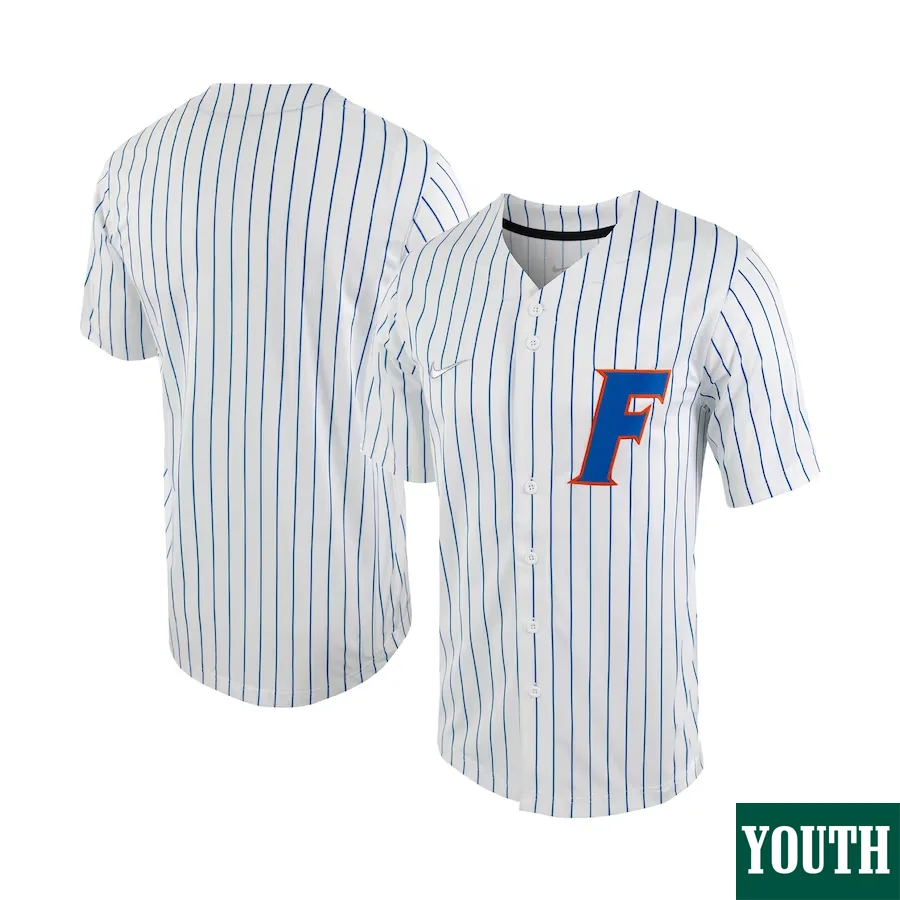 Custom Florida Gators Jersey, White/Royal Youth's, Pinstripe  Full-Button Baseball Jersey