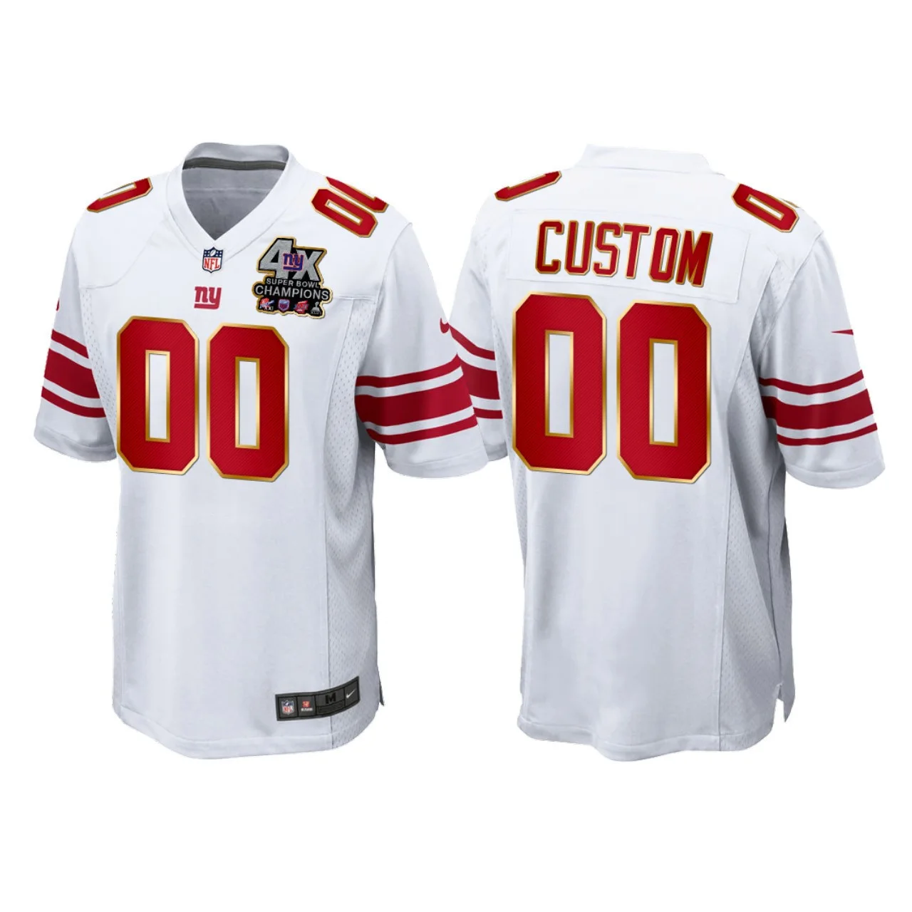 Men's New York Giants #00 Custom White 4X Super Bowl Champions Patch Game Jersey -