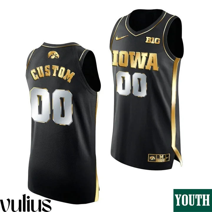 Custom Iowa Hawkeye Jersey, Black Youth's, 2020-21 Black Golden Edition Limited Jersey -