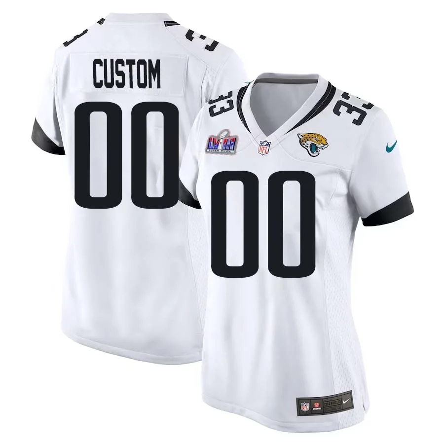 Woman Custom White Jacksonville Jaguars Super Bowl LVIII Away Game Player Jersey -