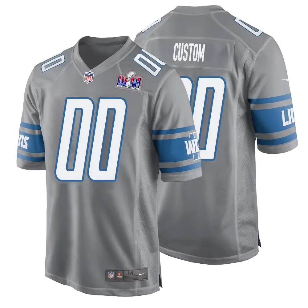 Men Custom Gray Detroit Lions Alternate Super Bowl LVIII Game Jersey -