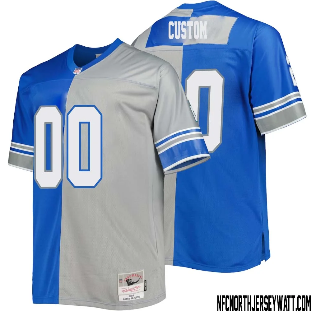 Men Mitchell & Ness Custom Blue Silver Detroit Lions Big & Tall Split Legacy Retired Player  Jersey