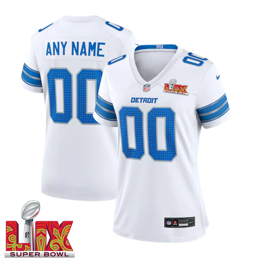 Woman Custom Super Bowl LIX Detroit Lions Game Jersey – White –