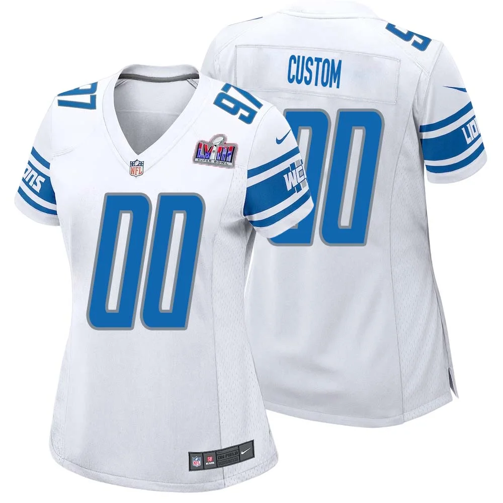 Woman Custom White Detroit Lions Super Bowl LVIII Away Game Jersey -