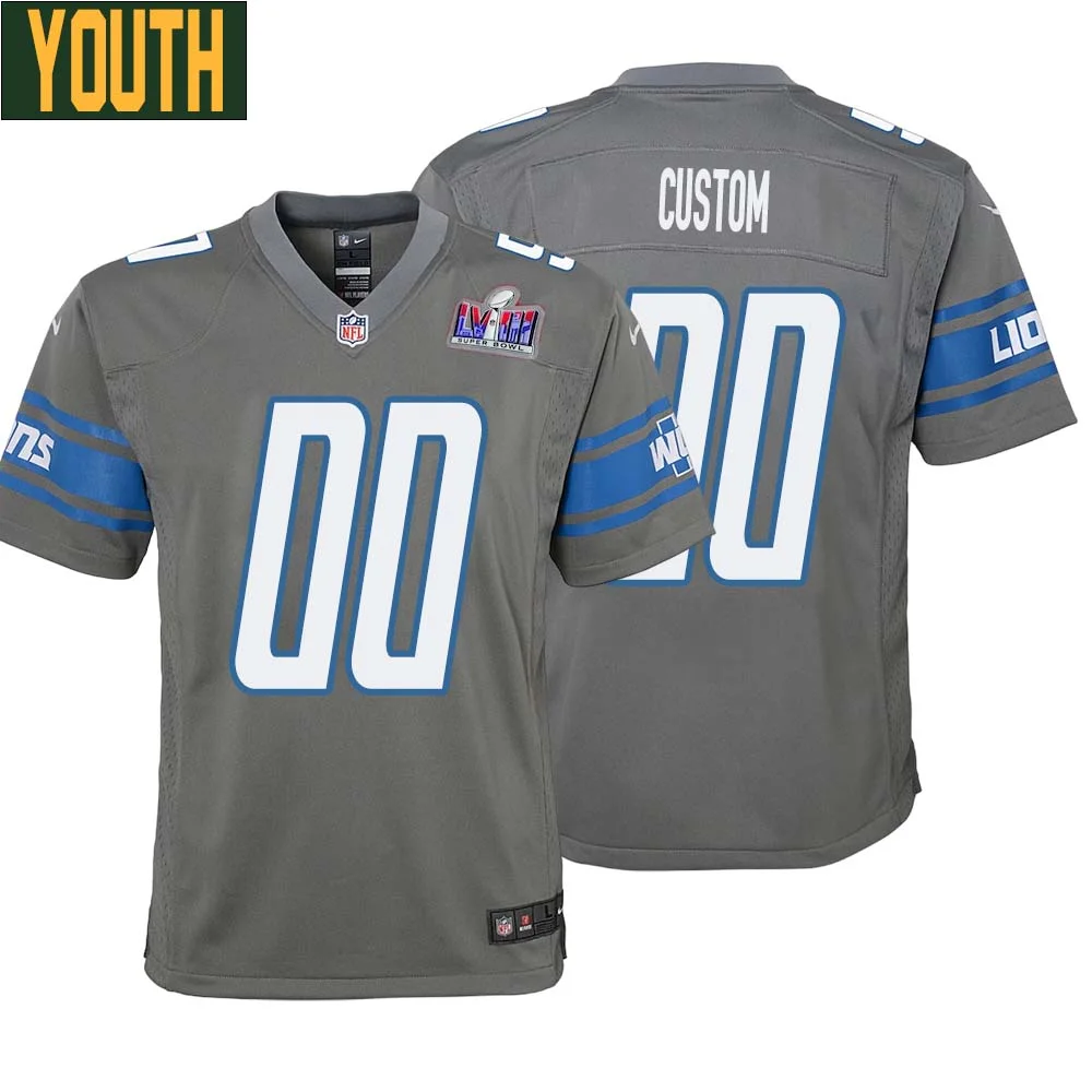 Youth Custom Gray Detroit Lions Alternate Super Bowl LVIII Game Jersey -