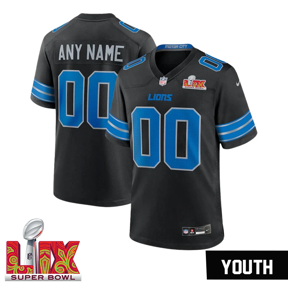 Youth Custom Super Bowl LIX Detroit Lions Alternate Game Jersey – Black –