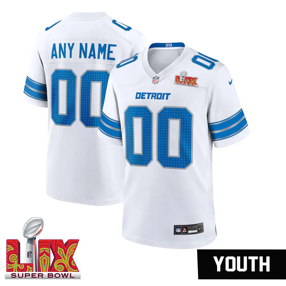 Youth Custom Super Bowl LIX Detroit Lions Game Jersey – White –