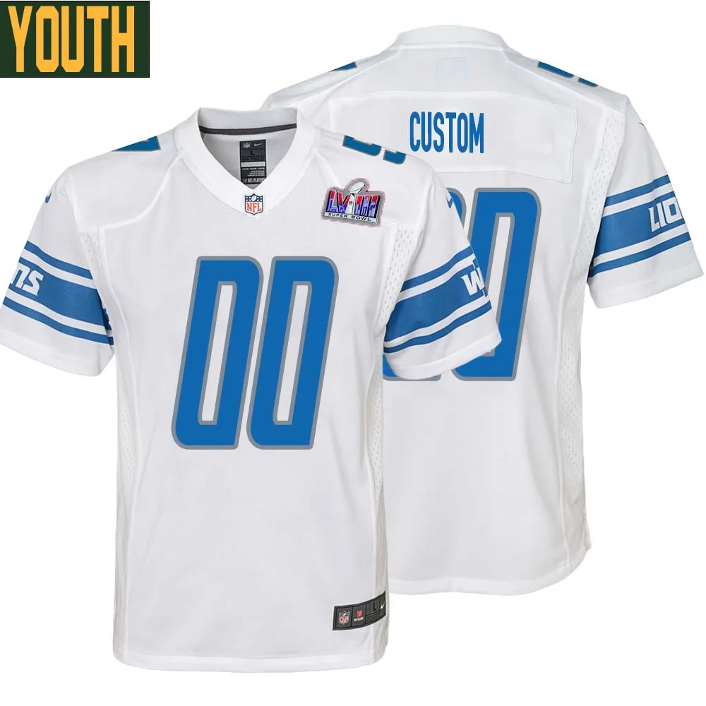 Youth Custom White Detroit Lions Super Bowl LVIII Away Game Jersey -