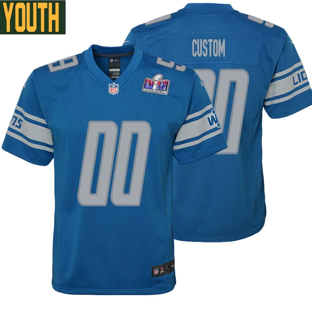 Youth Custom Blue Detroit Lions Super Bowl LVIII Player Home Game Jersey -