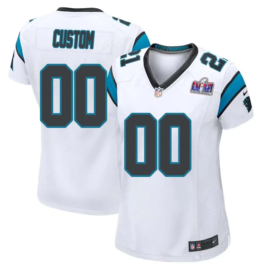 Custom Carolina Panthers Super Bowl LVIII Road Game Jersey 22-23 - White for Womans -