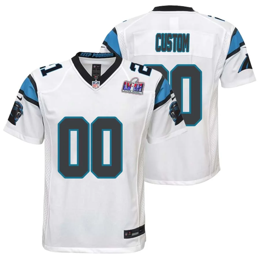 Custom Carolina Panthers Super Bowl LVIII Road Game Jersey 22-23 – White for Youth –