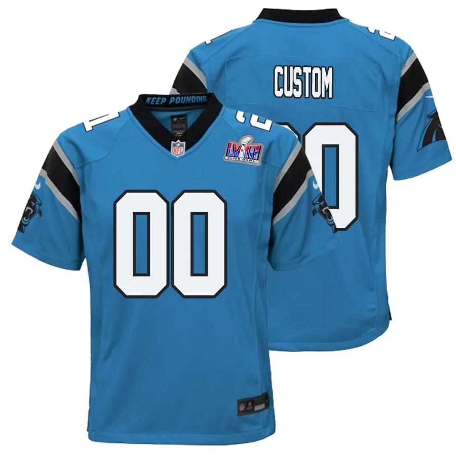 Custom Youth Carolina Panthers Super Bowl LVIII Alternate Game Jersey - Blue -