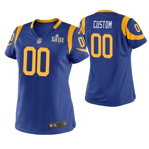 Woman's Los Angeles Rams #00 Custom Royal Super Bowl LIII Game Jersey -