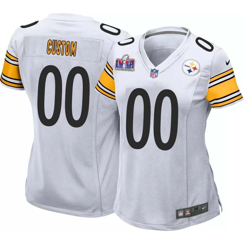 Custom Pittsburgh Steelers Away Super Bowl LVIII Game Player Jersey for Woman - White -