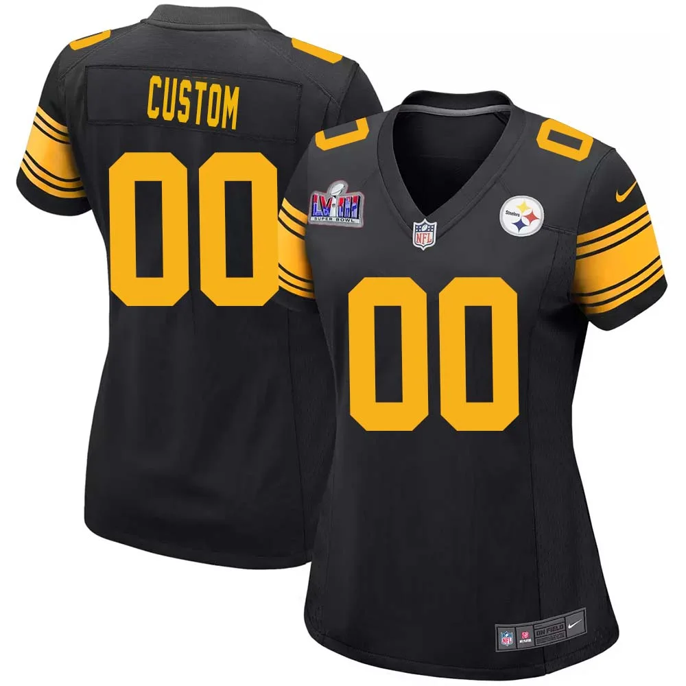 Custom Pittsburgh Steelers Super Bowl LVIII Black Alternate Game Jersey for Woman -