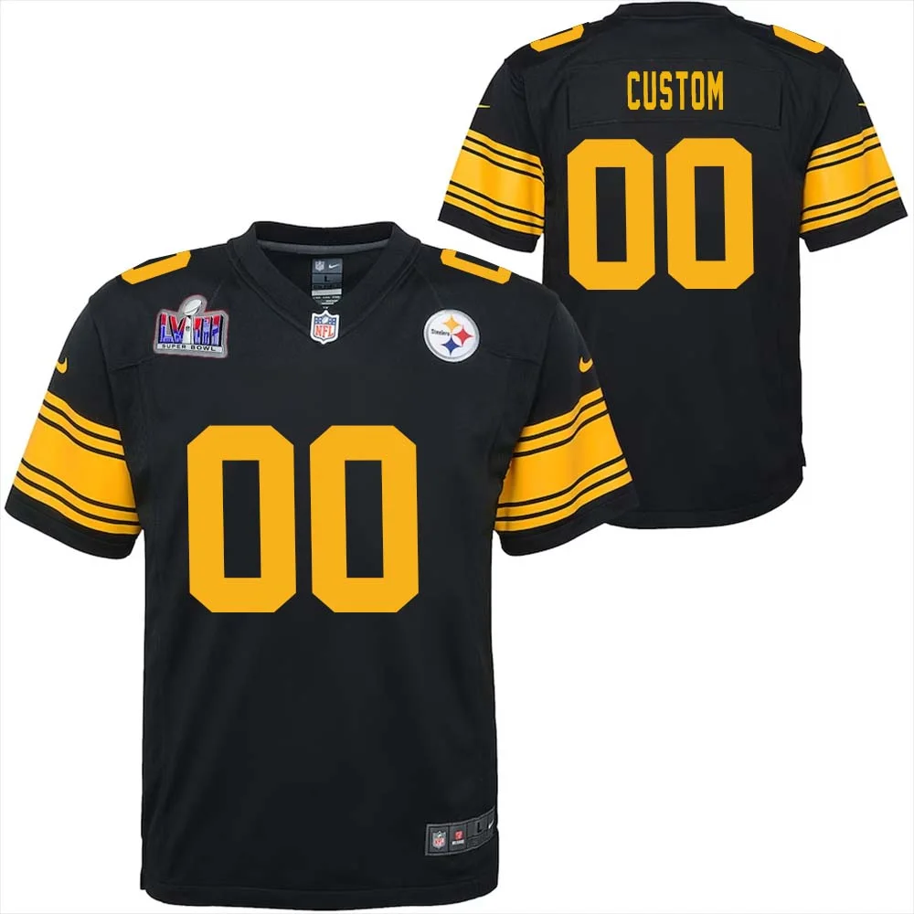 Custom Pittsburgh Steelers Super Bowl LVIII Black Alternate Game Jersey for Youth -