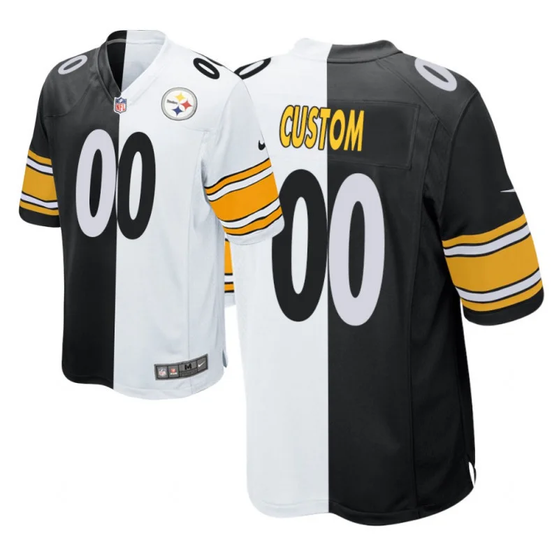 Custom Steelers Jersey for Men Pittsburgh Steelers #00 Custom Black White Split Two Tone Game Jersey -