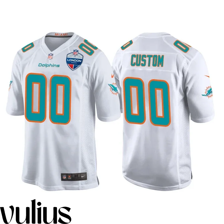 Dolphins Custom Jersey, White Men's Jersey, 2021 London Games Patch Game Jersey -