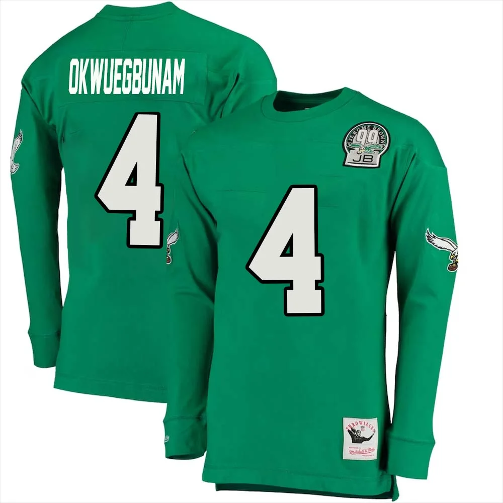 Albert Okwuegbunam No 4 Mens Mitchell Ness Kelly Green Philadelphia Eagles Throwback Retired Player Name Number Long Sleeve Top