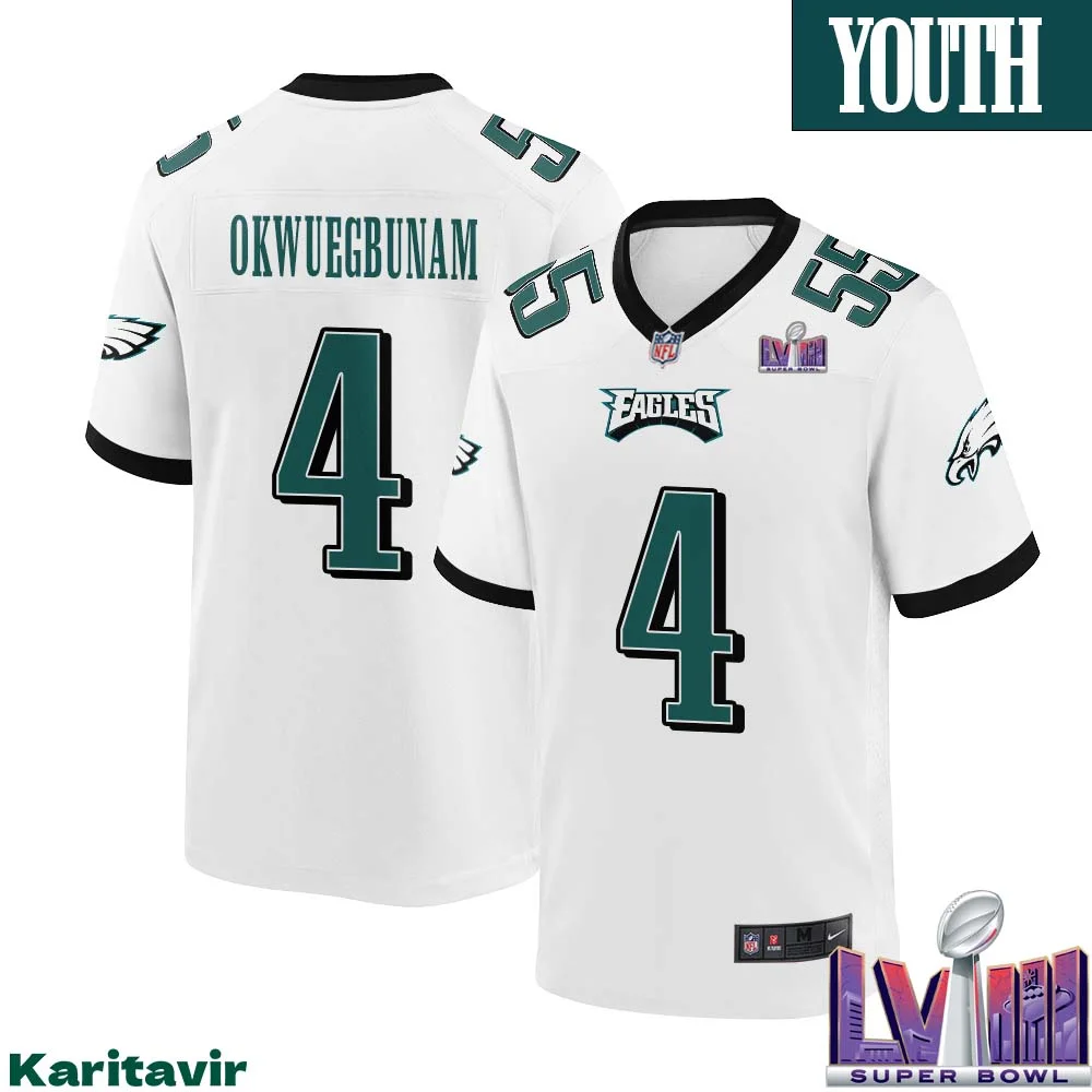 Albert Okwuegbunam No 4 Youth White Philadelphia Eagles Super Bowl LVIII Away Game Player Jersey 1