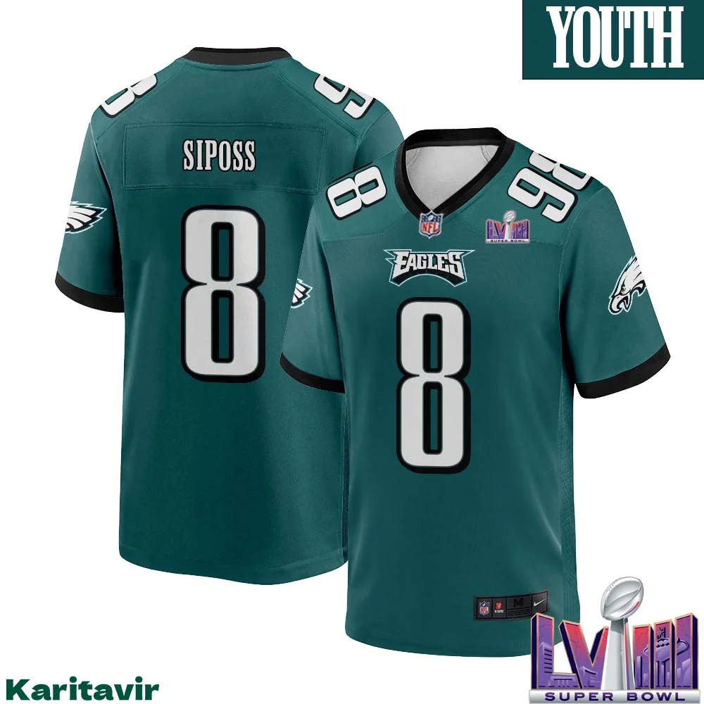 Arryn Siposs No 8 Youth Midnight Green Philadelphia Eagles Super Bowl LVIII Home Game Player Jersey