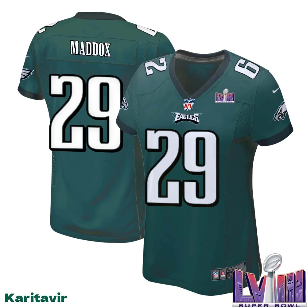 Avonte Maddox No 29 Women Midnight Green Philadelphia Eagles Super Bowl LVIII Home Game Player Jersey
