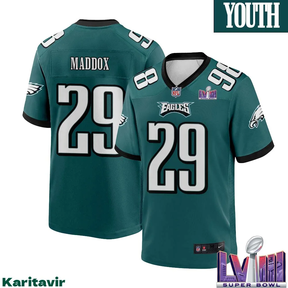 Avonte Maddox No 29 Youth Midnight Green Philadelphia Eagles Super Bowl LVIII Home Game Player Jersey