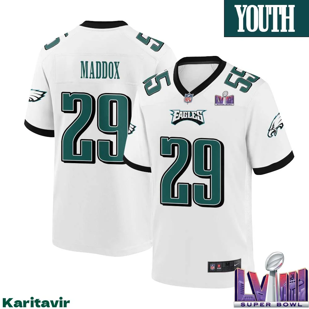 Avonte Maddox No 29 Youth White Philadelphia Eagles Super Bowl LVIII Away Game Player Jersey 1