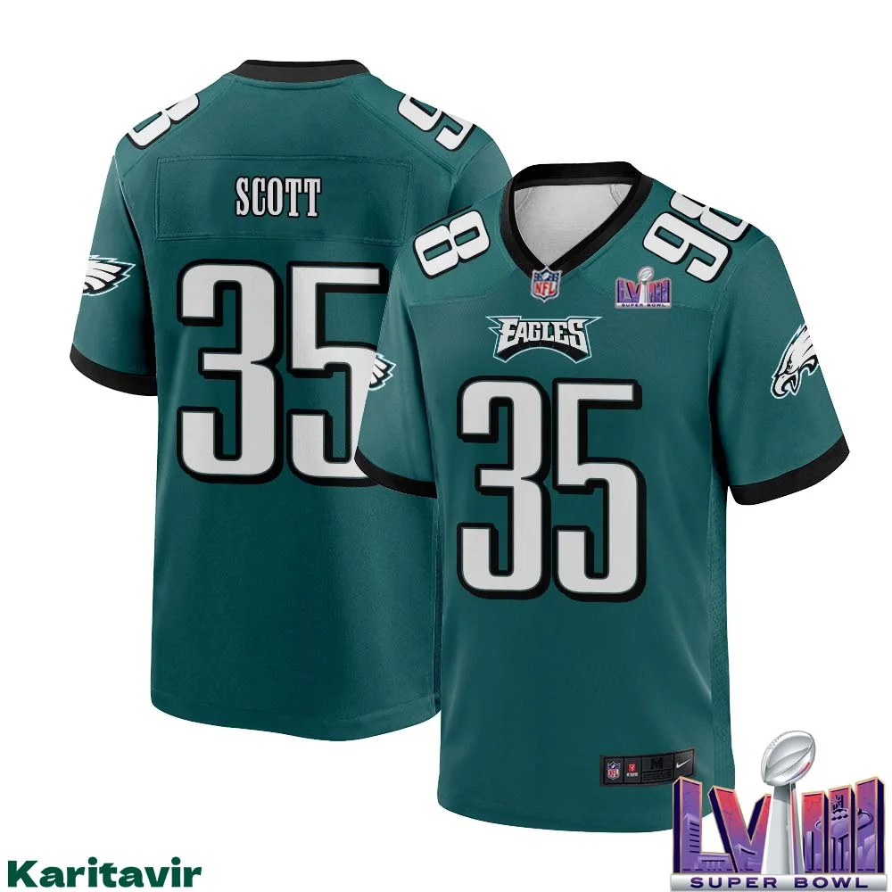 Boston Scott No 35 Men Midnight Green Philadelphia Eagles Super Bowl LVIII Home Game Player Jersey 1