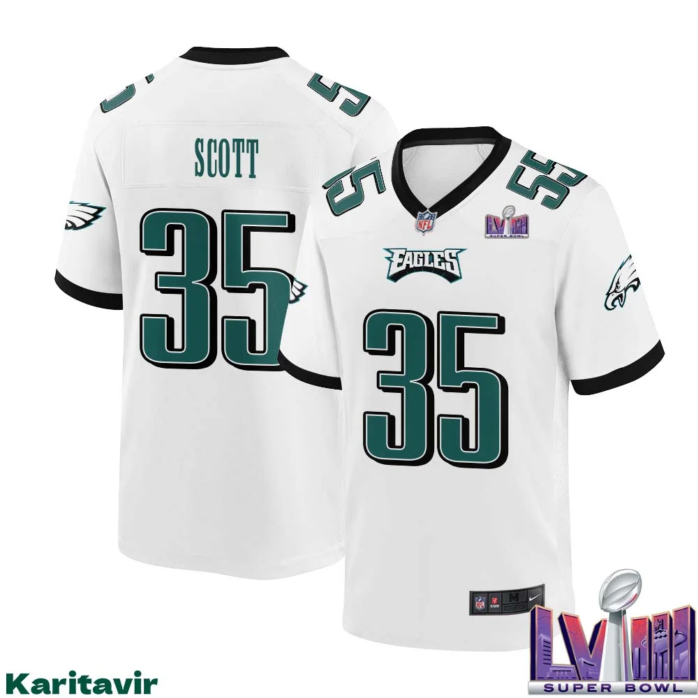 Boston Scott No 35 Men White Philadelphia Eagles Super Bowl LVIII Away Game Player Jersey 1