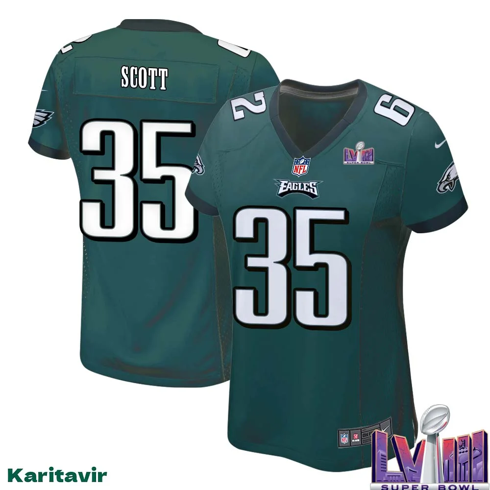 Boston Scott No 35 Women Midnight Green Philadelphia Eagles Super Bowl LVIII Home Game Player Jersey