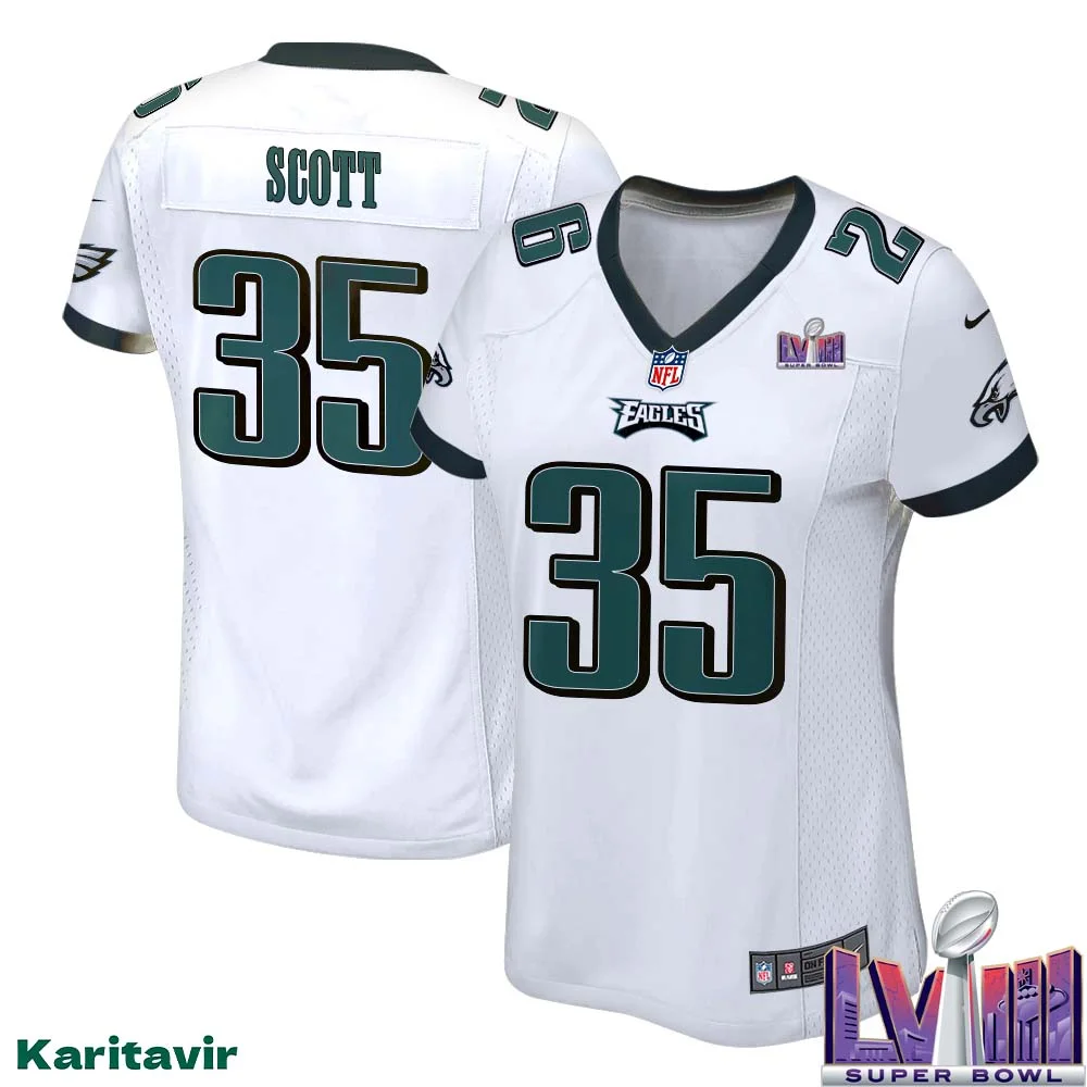 Boston Scott No 35 Women White Eagles Super Bowl LVIII Away Game Player Jersey