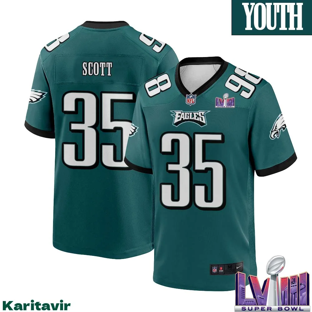 Boston Scott No 35 Youth Midnight Green Philadelphia Eagles Super Bowl LVIII Home Game Player Jersey