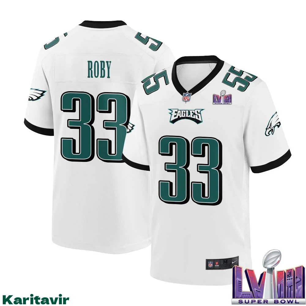 Bradley Roby No 33 Men White Philadelphia Eagles Super Bowl LVIII Away Game Player Jersey 1